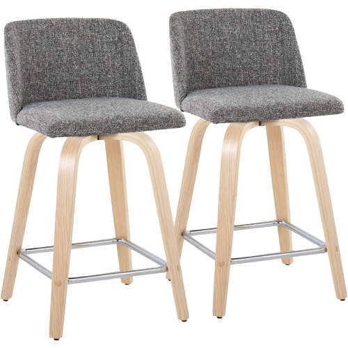 Toriano 24" Swivel Counter Stool in Natural Wood & Grey Noise Fabric w/ Chrome Footrest (Set of 2)